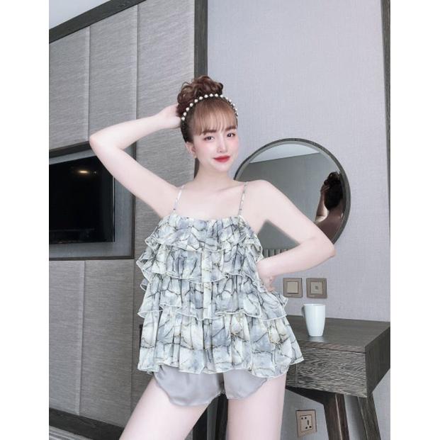 Sét đồ bộ 4 tầng voan phối quần lụa satin siêu xinh free size fom thoải mái