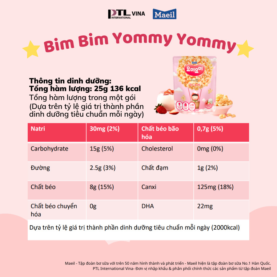 Bim Bim Maeil Yommy Yommy Hàn Quốc Vị Dâu Tây bổ sung DHA dành cho bé 12M 25g