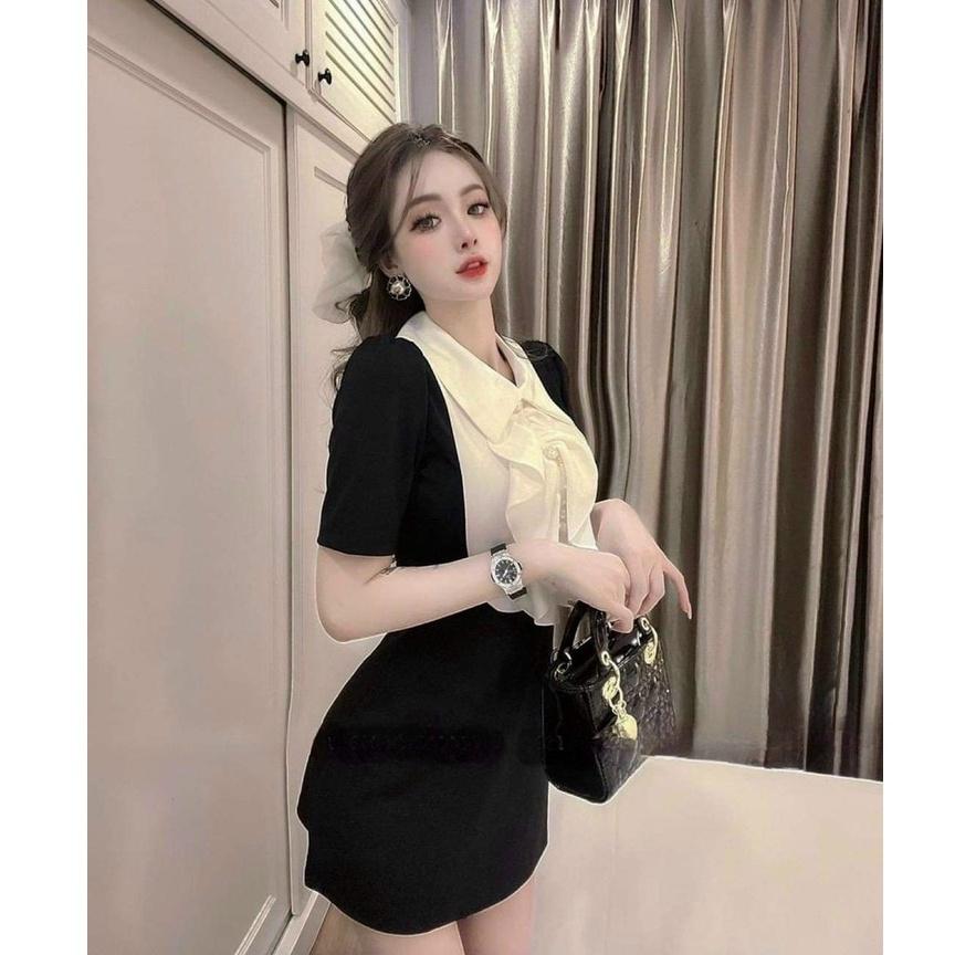 Đầm xoè phối cổ xếp bèo đính nút siêu xinh