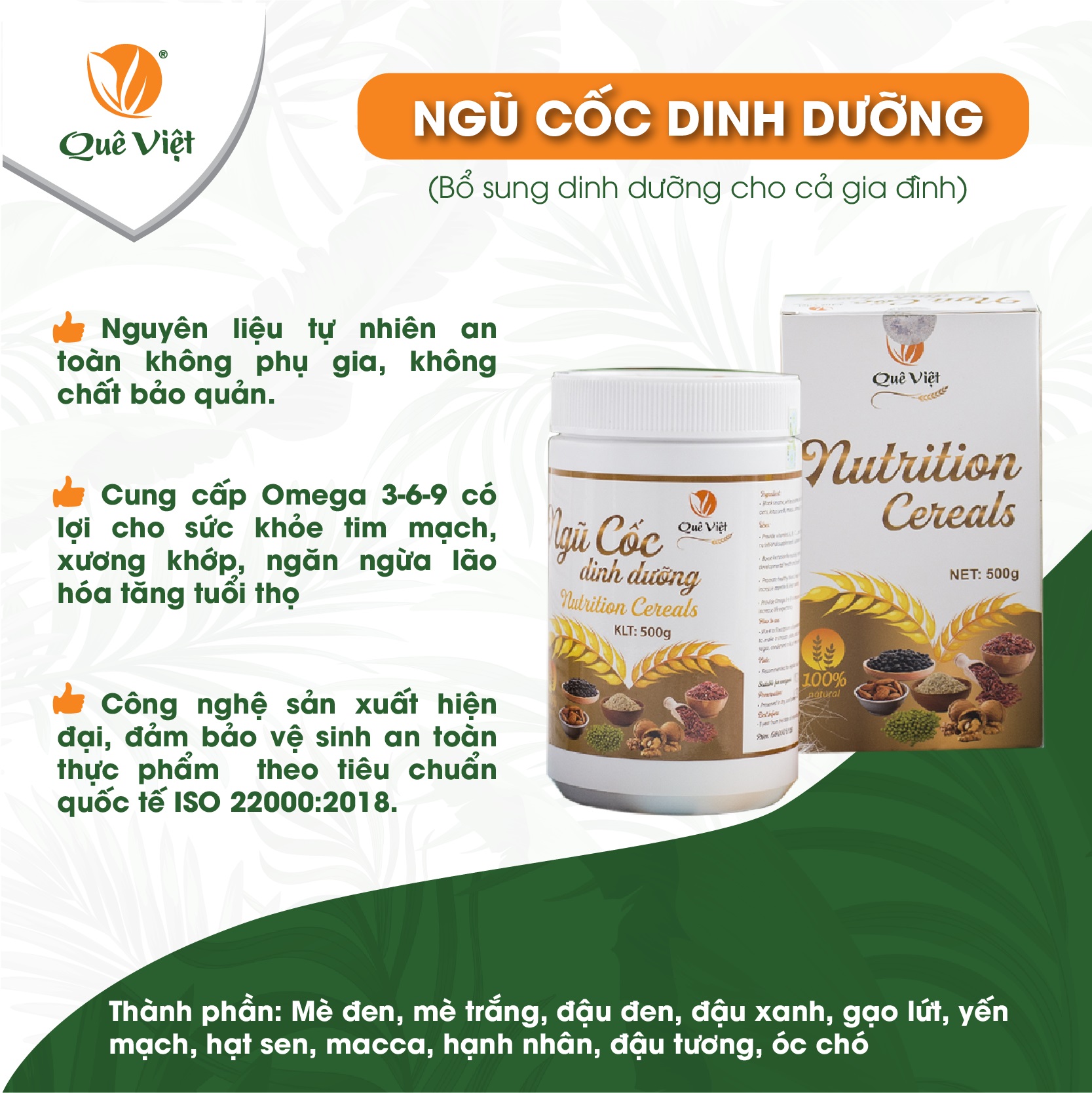 Ngũ cốc dinh dưỡng ăn sáng Quê Việt bổ sung vitamin và dinh dưỡng cần thiết (Combo 2 hộp X 500gr/hộp)