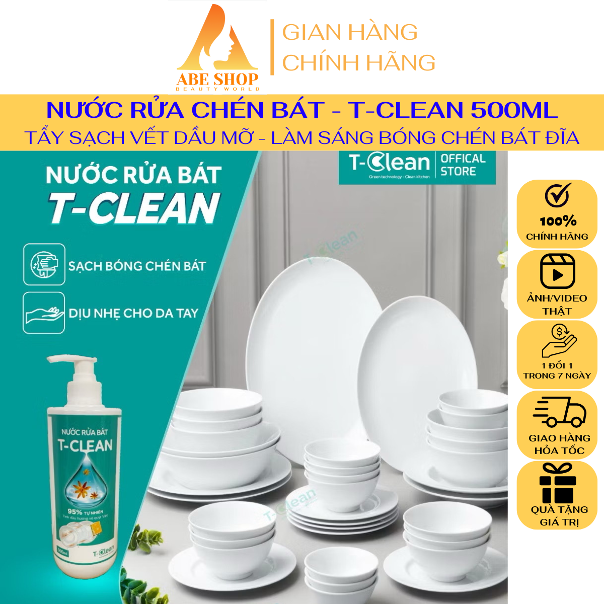 Nước Rửa Chén T-Clean 500ml Siêu Sạch - Tp Thiên Nhiên - Không Làm Hại Da Tay - An Toàn Trẻ Nhỏ
