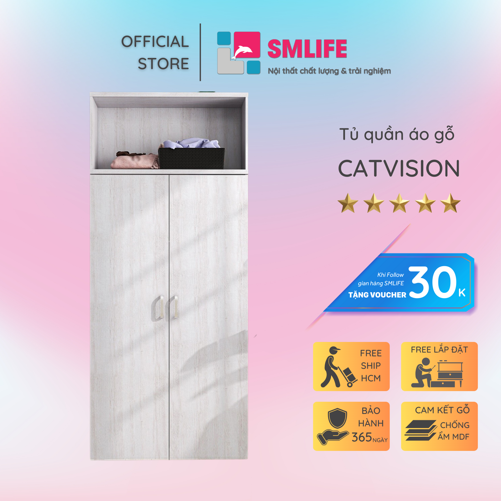 Tủ quần áo gỗ hiện đại SMLIFE Catvision | Gỗ MDF dày 17mm chống ẩm | D80xR40xC180cm