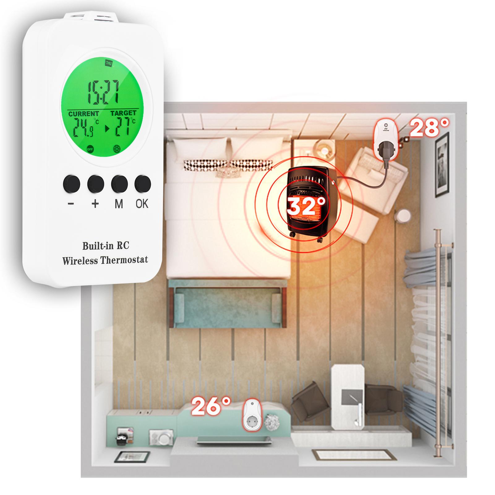 230V 16A Wireless Thermostat Remote Thermostat Control Plug-in Socket 0~70℃ Temperature Range Wireless Timing Temperature Control Socket Digital Display with Green Backlight