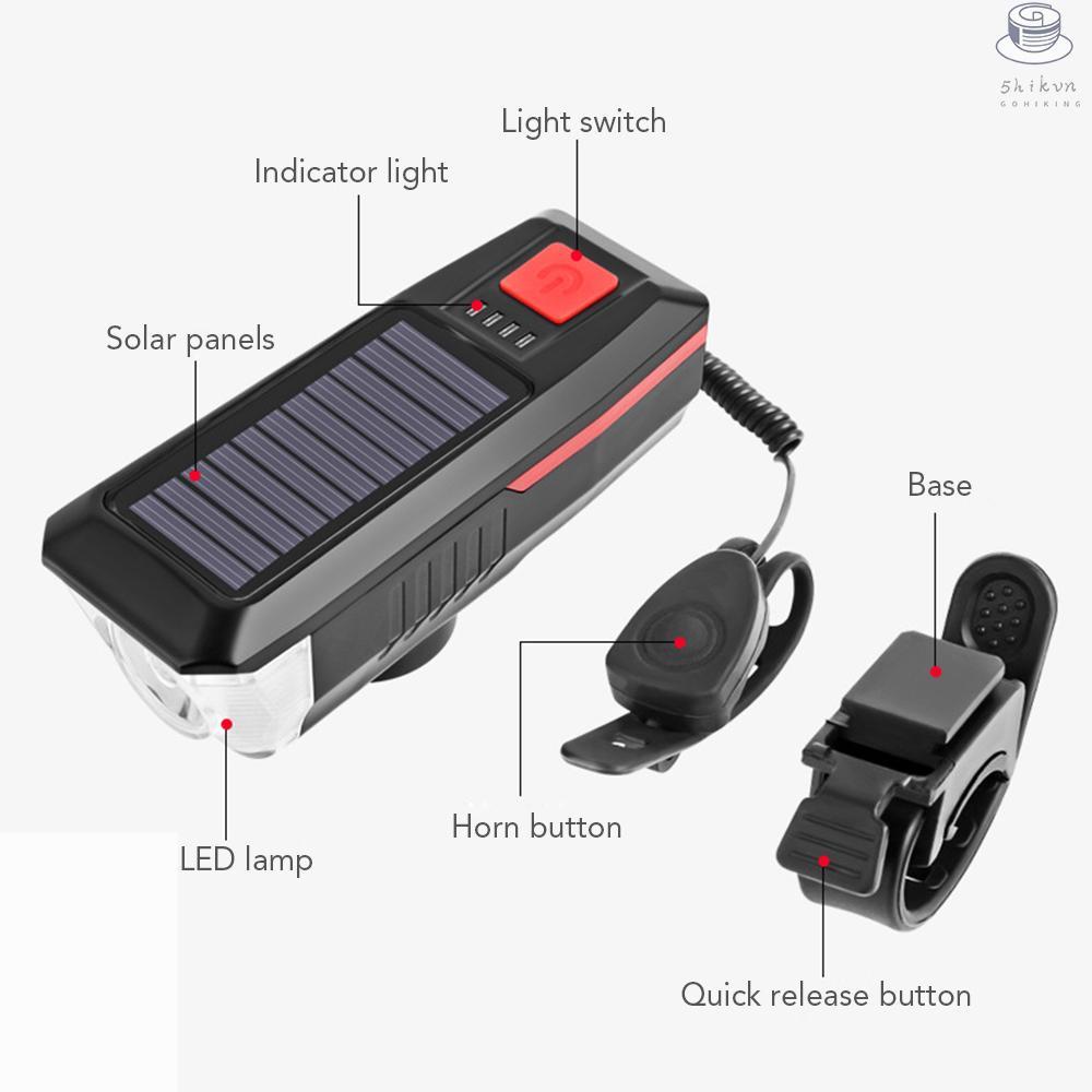 Đèn pha năng lượng mặt trời 5 chế độ sáng với cổng sạc USB chống nước có thể sạc lại cho xe đạp leo núi