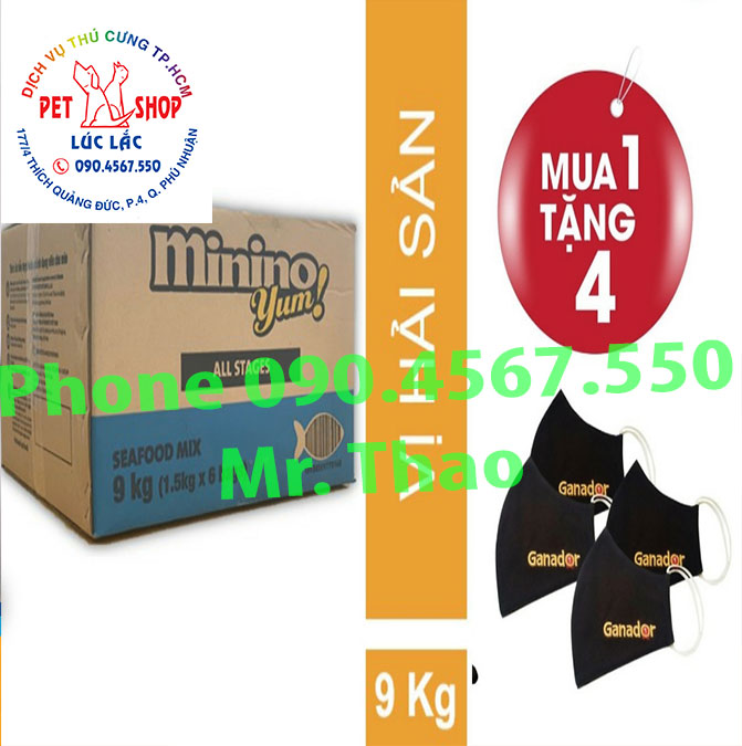 Combo Thức ăn cho mèo Minino Yum thùng 9kg (6 túi x 1,5 kg) - Tặng 4 Khẩu trang vải