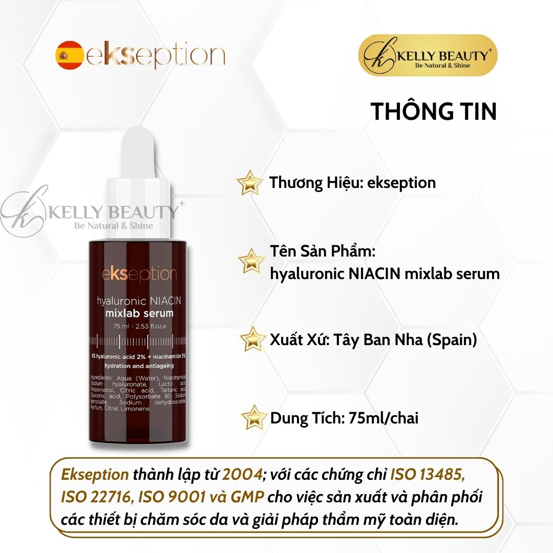 Ekseption hyaluronic NIACIN mixlab serum - Tinh Chất Ngừa Mụn, Giảm Thâm; Sáng Da và Se Nhỏ Lỗ Chân Lông - Kelly Beauty