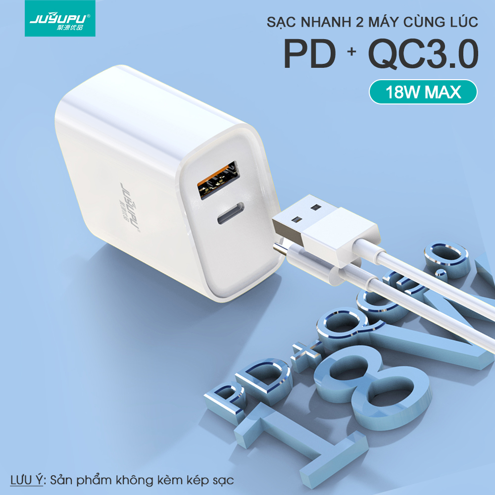 Củ sạc JUYUPU U01CT sạc nhanh PD QC3.0 công suất 18W 2 cổng ra Type C USB cốc sạc điện thoại dành cho iPhone Samsung OPPO VIVO HUAWEI XIAOMI - HÀNG CHÍNH HÃNG