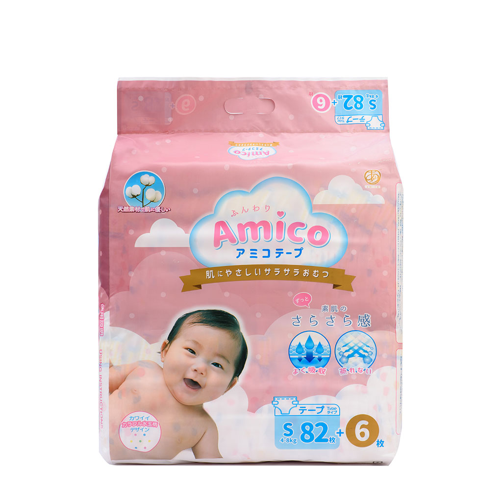 Bỉm - Tã dán Amico size S 82+ 6 miếng (Cho bé 4 - 8 kg)