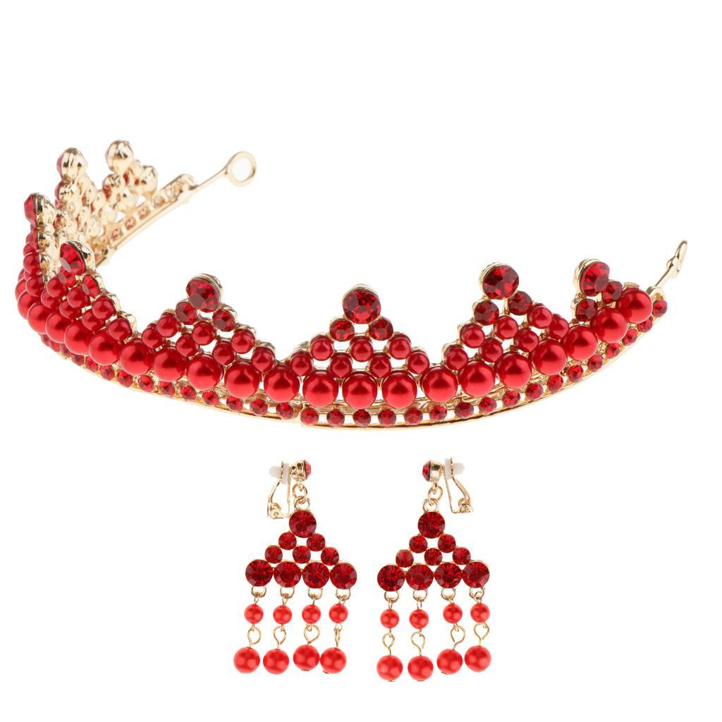 Wedding Bridal Pearls Crown Headband Earrings Girls Woman Party Jewelry Set