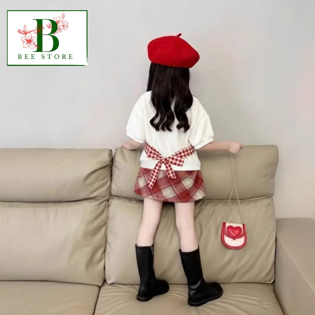 Set Váy Bé Gái Phối Nơ + Chân Váy Caro Dạ Chữ A Từ 8-45kg Dành Cho Bé Gái