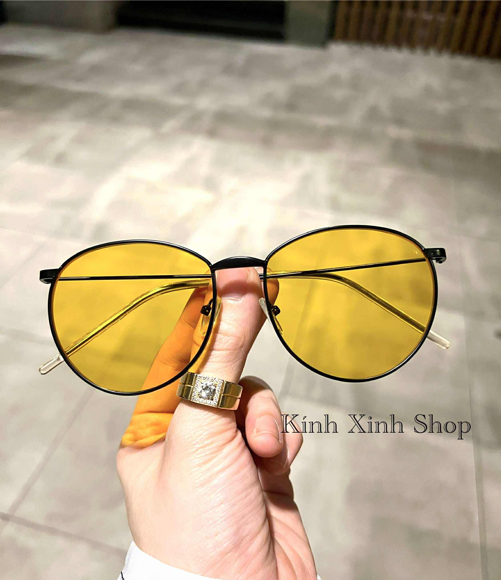 Kính râm Mắt tròn vàng thiết kế đơn giản đi ngày đêm + Tặng hộp đựng, khăn lau