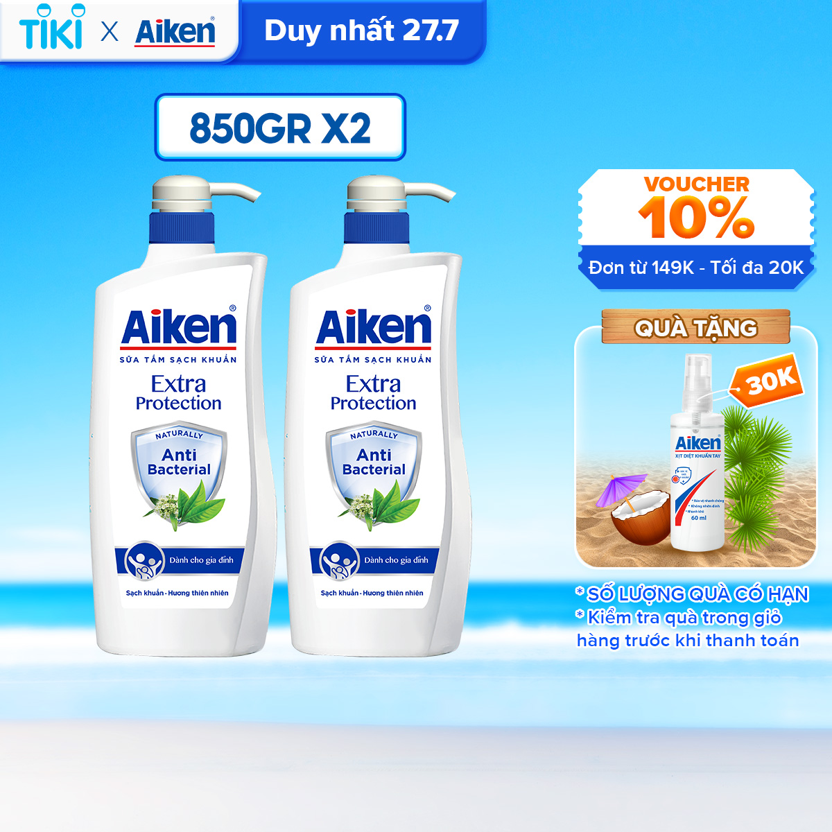 Aiken Combo 2 Sữa Tắm Sạch Khuẩn Chiết Xuất Trà Xanh Thiên Nhiên 850g/Chai