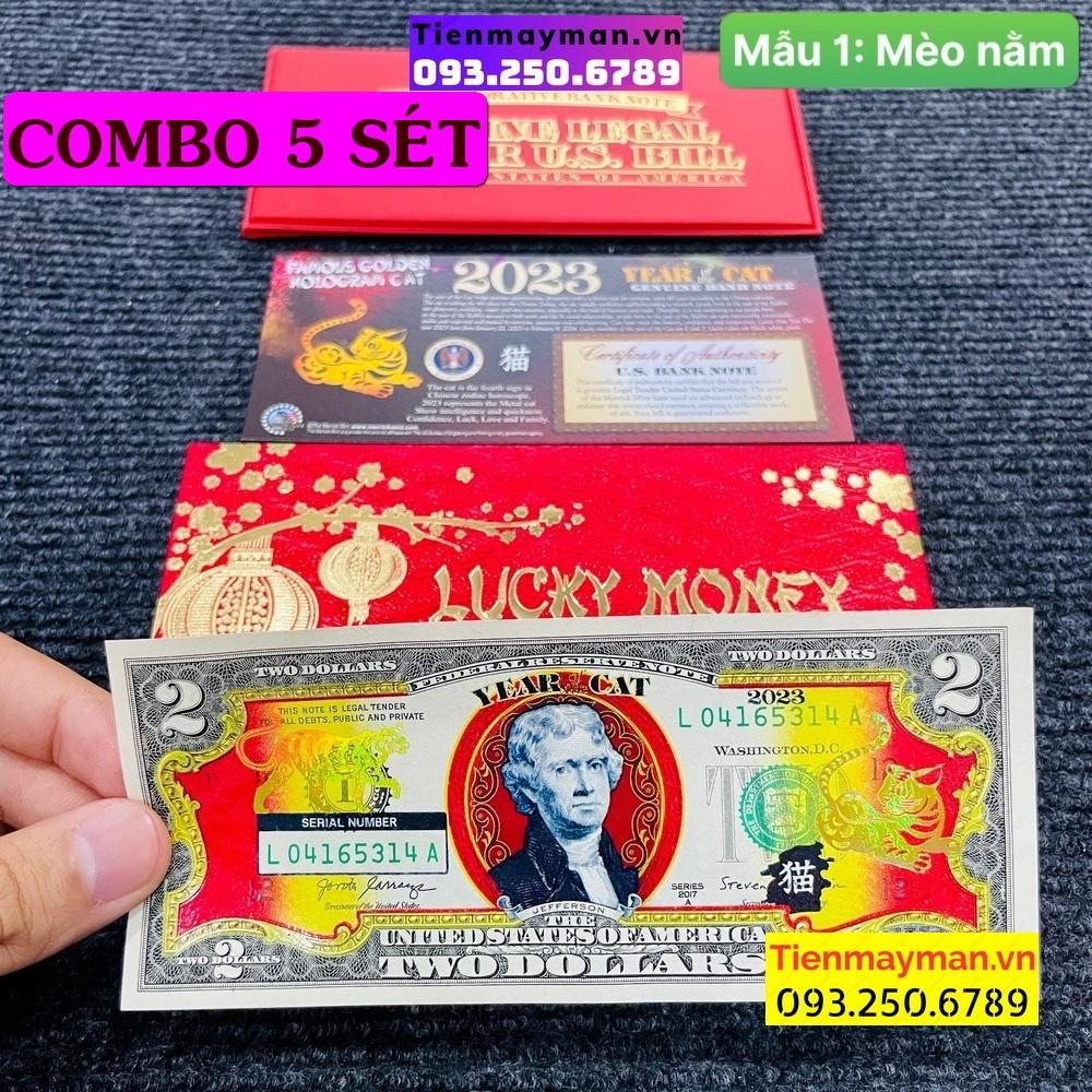 [CÒN HÀNG] (5 BỘ) Tờ 2 Usd Mạ Vàng Hình Con Mèo 2023 Mỹ, Tiền Lì Xì Hình Con Mèo [MÈO NẰM]