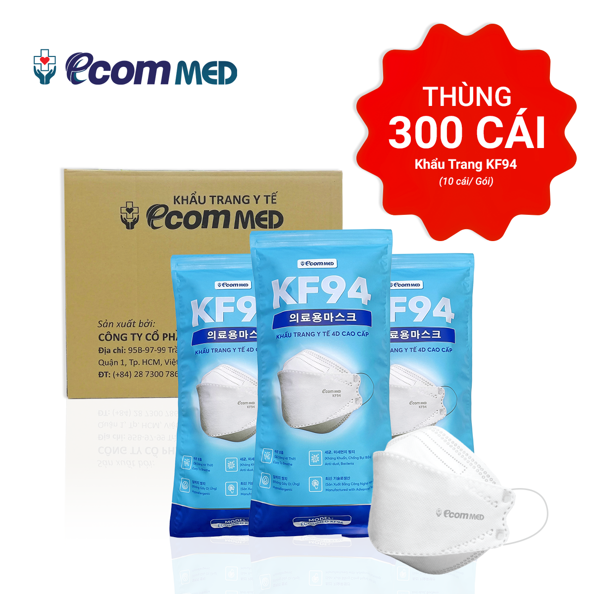 Thùng 300 Khẩu Trang KF94 EcomMed (30 Bịch) - Đạt Chuẩn FDA Hoa Kỳ