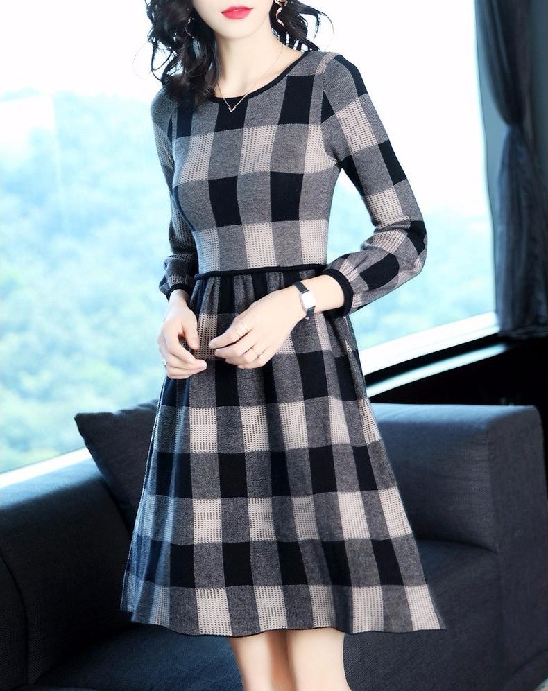 Đầm xòe kẻ caro xám khói cao cấp - DX33