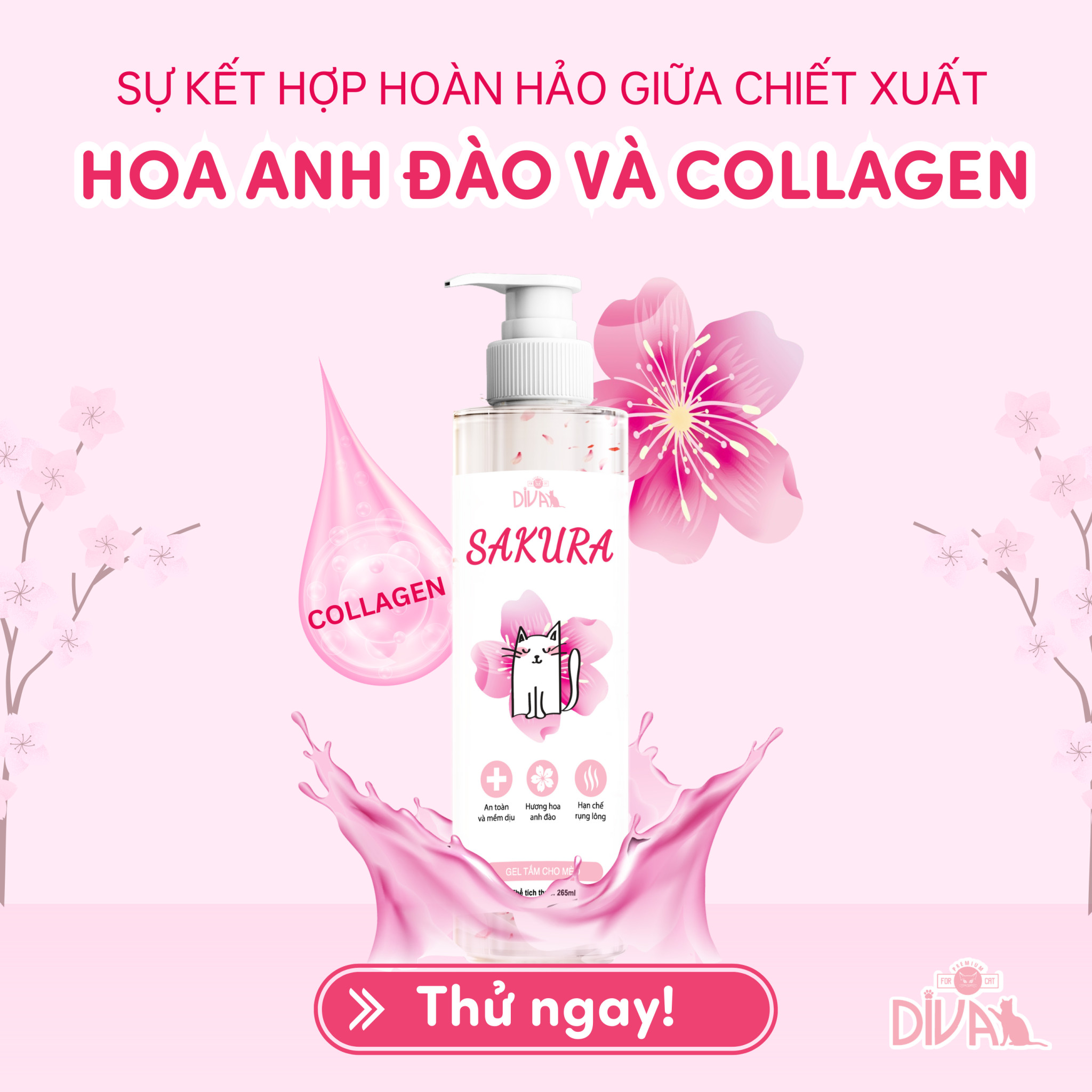 Gel Sữa Tắm Mèo Collagen Cao Cấp Anh Đào Diva Sakura - YonaPetshop