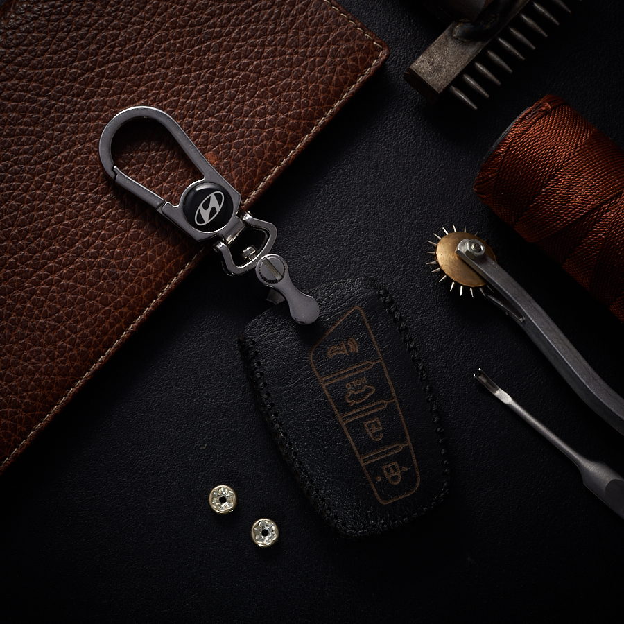 Bao Da Chìa Khóa dành cho Ô Tô Hyundai Santafe 2017 4 nút dạng hộp Da Bò Nappa Màu đen