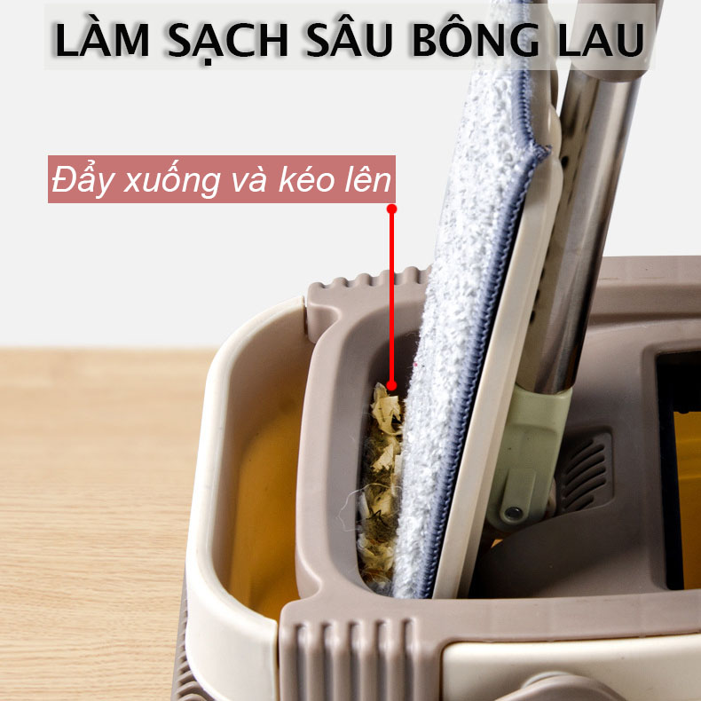 CÂY LAU NHÀ THÔNG MINH TỰ VẮT HHSM250 hai ngăn vắt và giặt, xả nước tiện lợi ở đáy thùng, bông lau tĩnh điện MICRO FIBER 33cm có hai đầu móc chắc chắn, nắp thùng dễ tháo rời vệ sinh