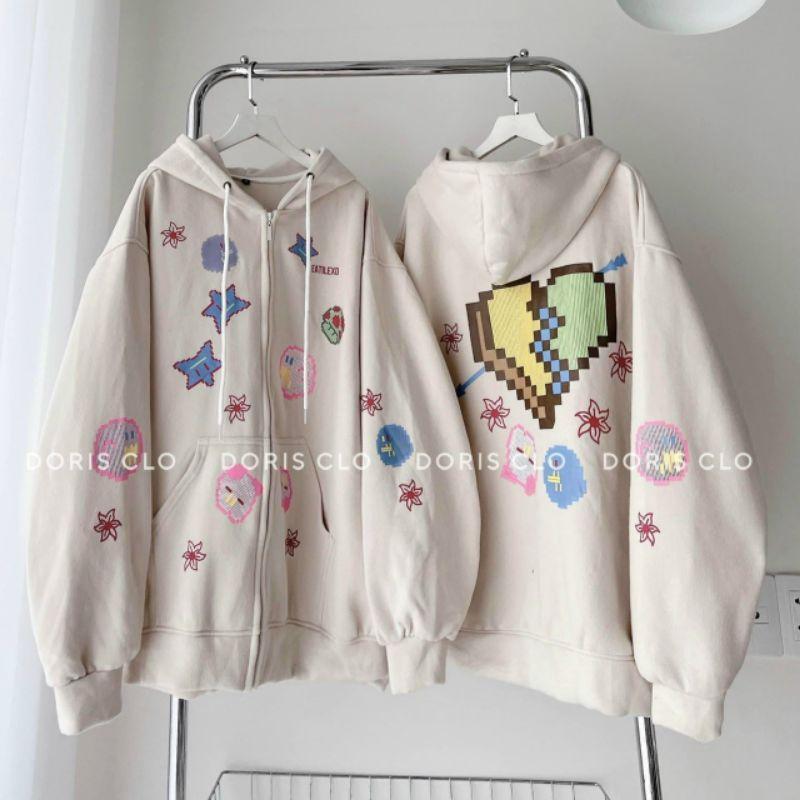 Áo khoác nỉ bông 2 lớp Zip kéo form rộng icon Trái Tim Game Cute unisex nam nữ,Mẫu hoodie nữ hottrend có video ảnh thật