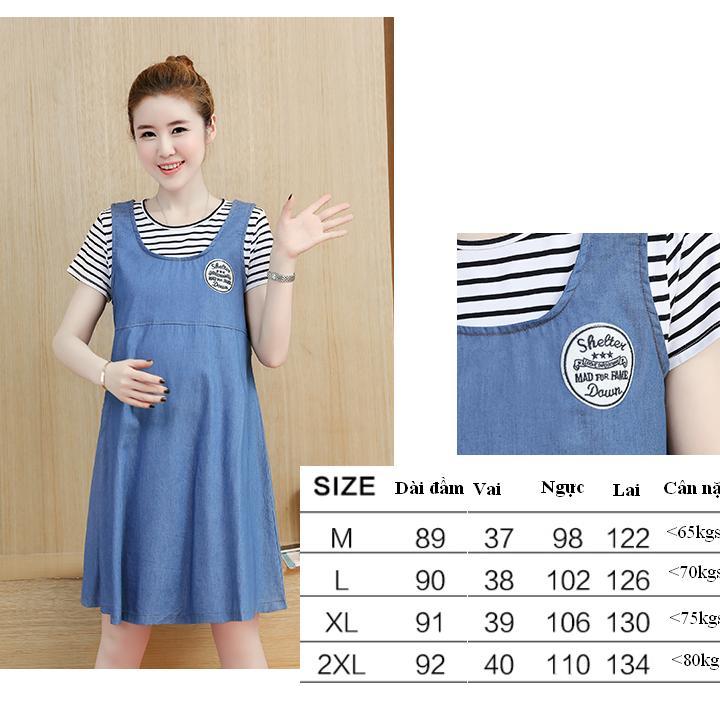 Đầm bầu giả yếm phối áo sọc xanh DN04A