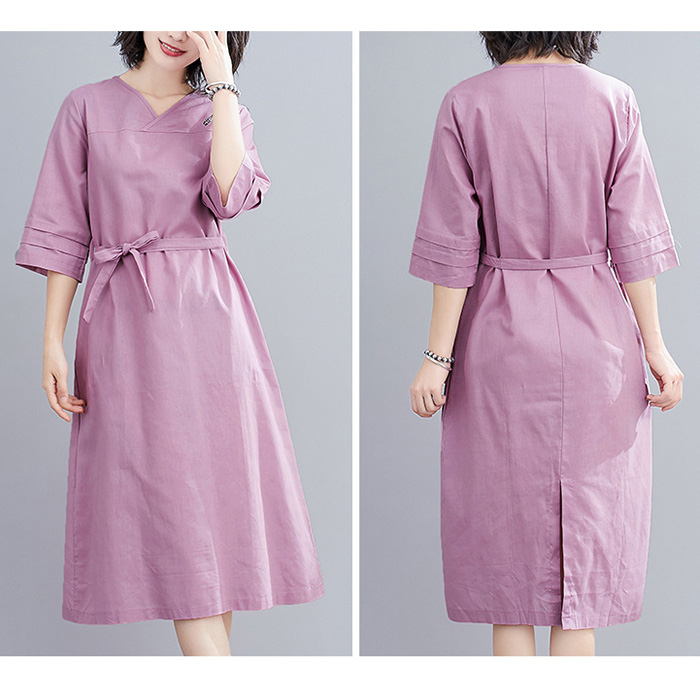 Đầm suông linen cổ tim chồng tay lỡ ArcticHunter, thời trang hè thu 2022 - Tím nhạt