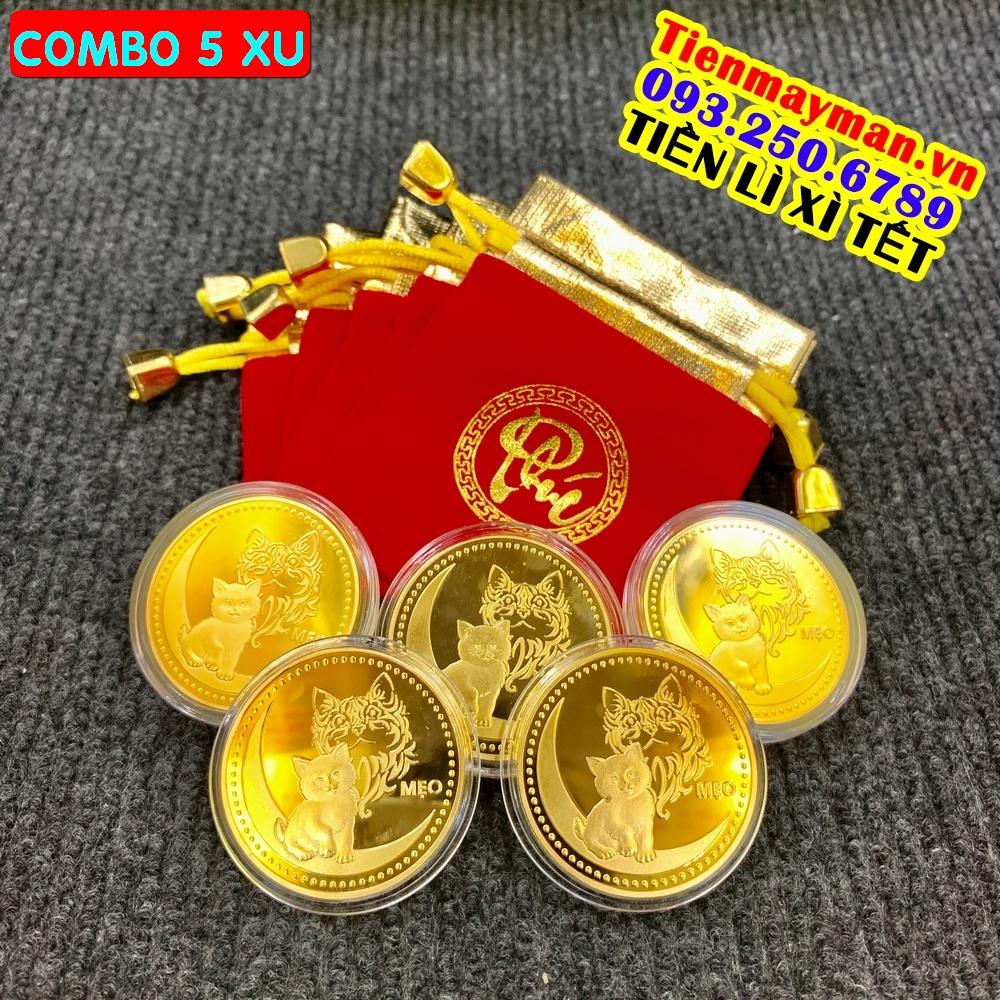 Sỉ Combo 10 Đồng Tiền Xu Con Hình Mèo Mạ Vàng Kèm Túi gấm đỏ PHÚC - PASA COLLECTION