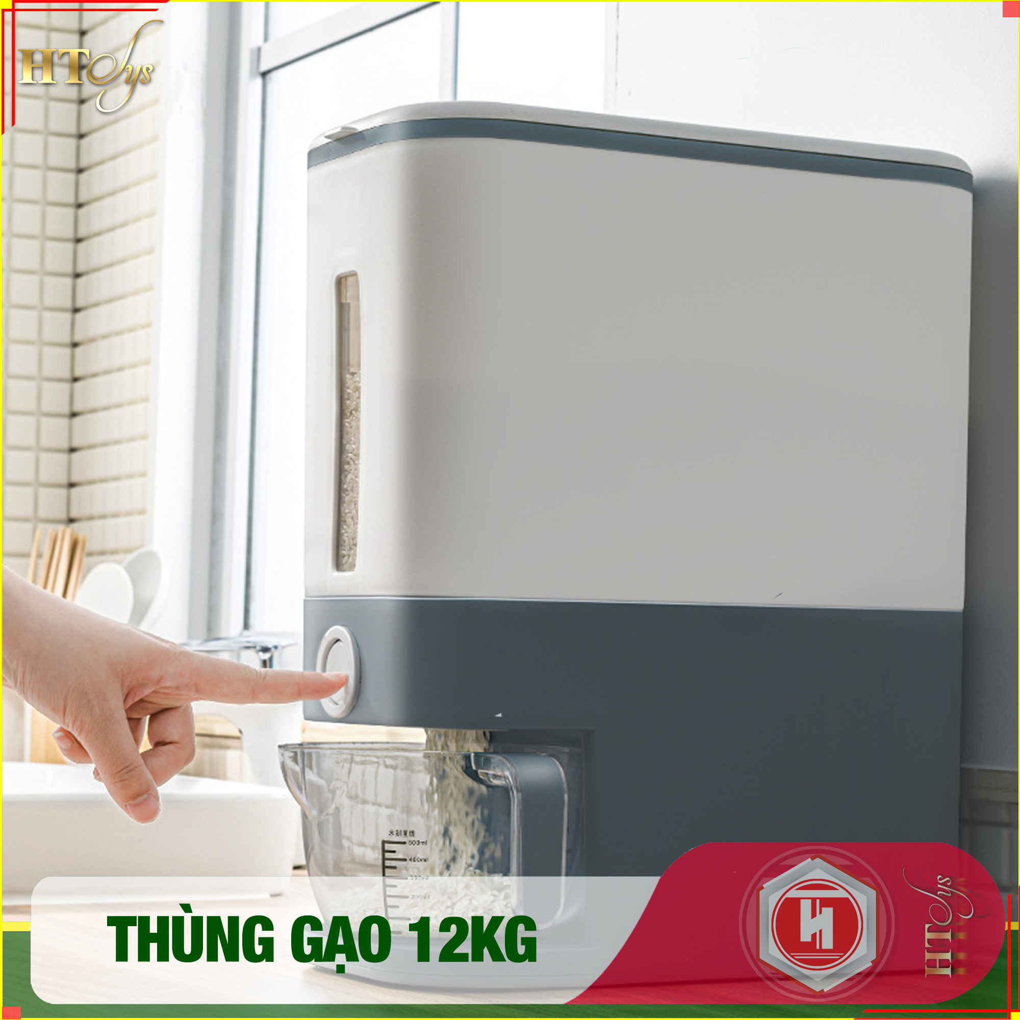 01 Thùng đựng gạo thông minh 12kg HT SYS, thiết kế dạng nhấn nút, chất liệu ABS cao cấp + 01 Vỉ móc Vàng Tài Lộc + 04 Khăn lau siêu thấm