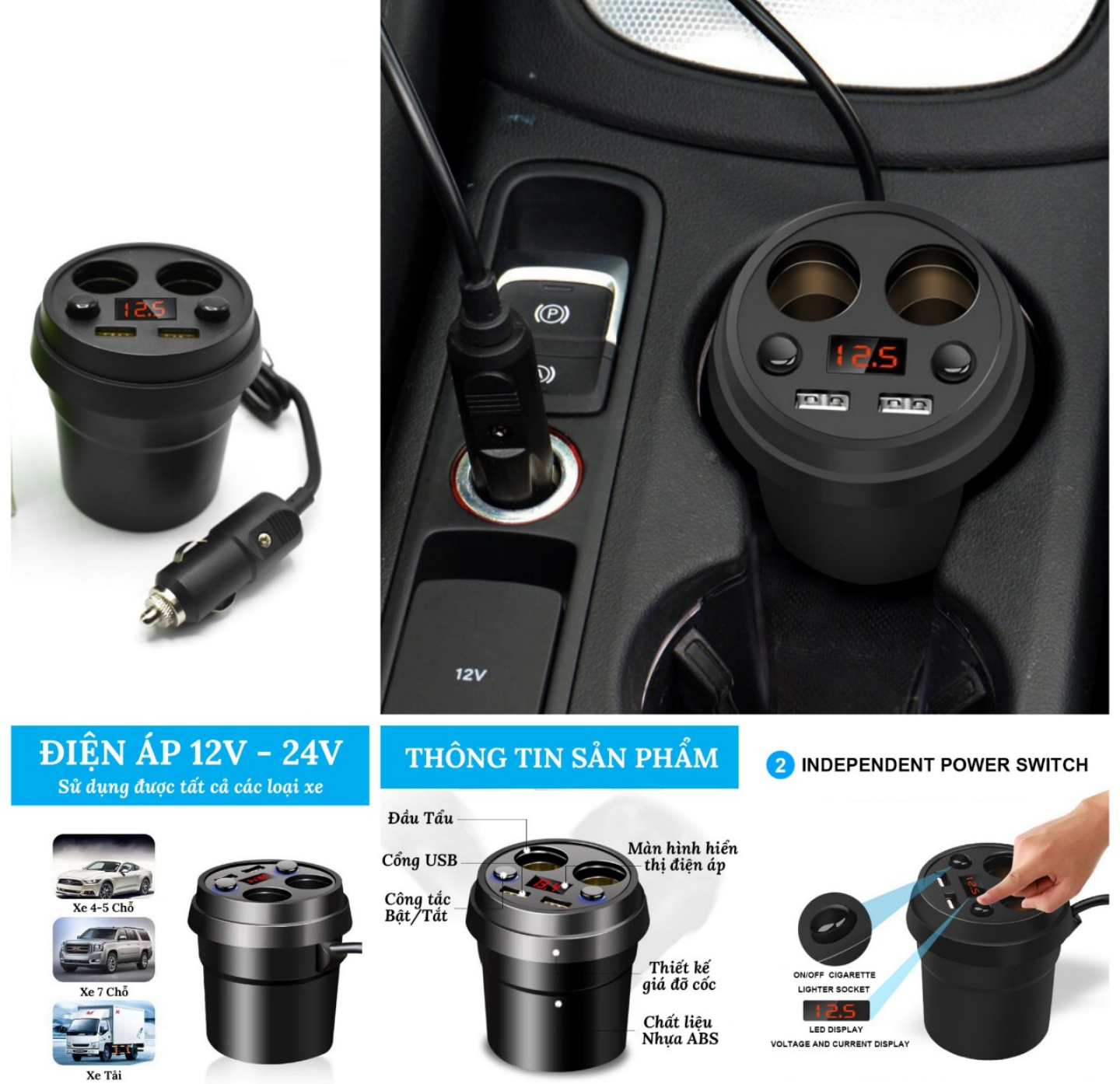 1 CHIA 2 ĐẦU TẨU 2 CỔNG SẠC USB BÁO ĐIỆN ÁP 12V-24V TRÊN XE HƠI ÔTÔ MẪU MỚI HÀNG CAO CẤP
