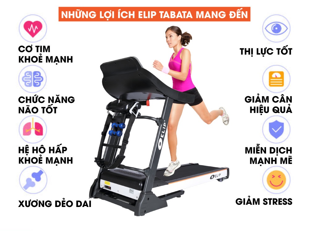 Máy Chạy Bộ Điện Đa Năng ELIP Tabata công suất 3.0HP, Nâng dốc tự động, Bảo hành chính hãng
