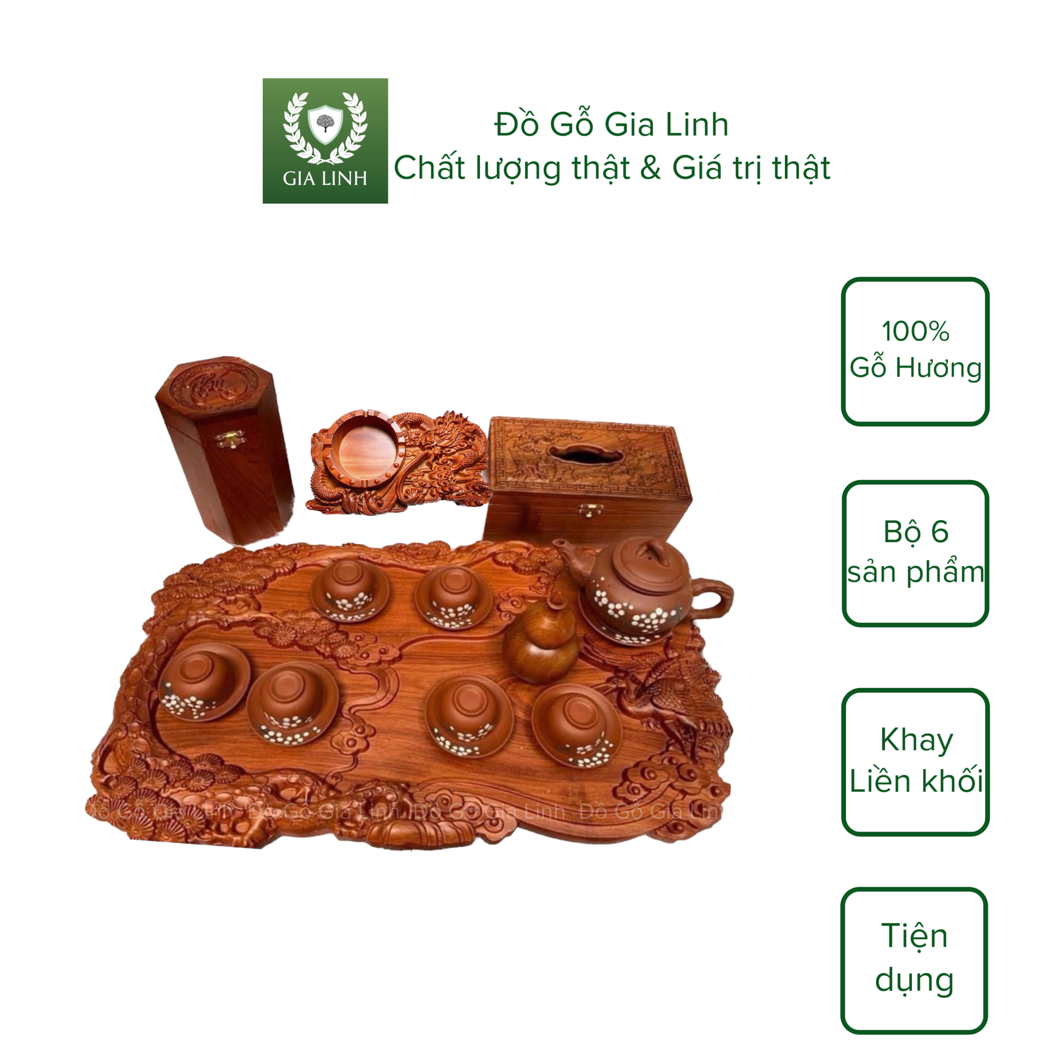 Bộ 6 sản phẩm bàn trà Đồ Gỗ Gia Linh khay trà Tùng Hạc liền khối