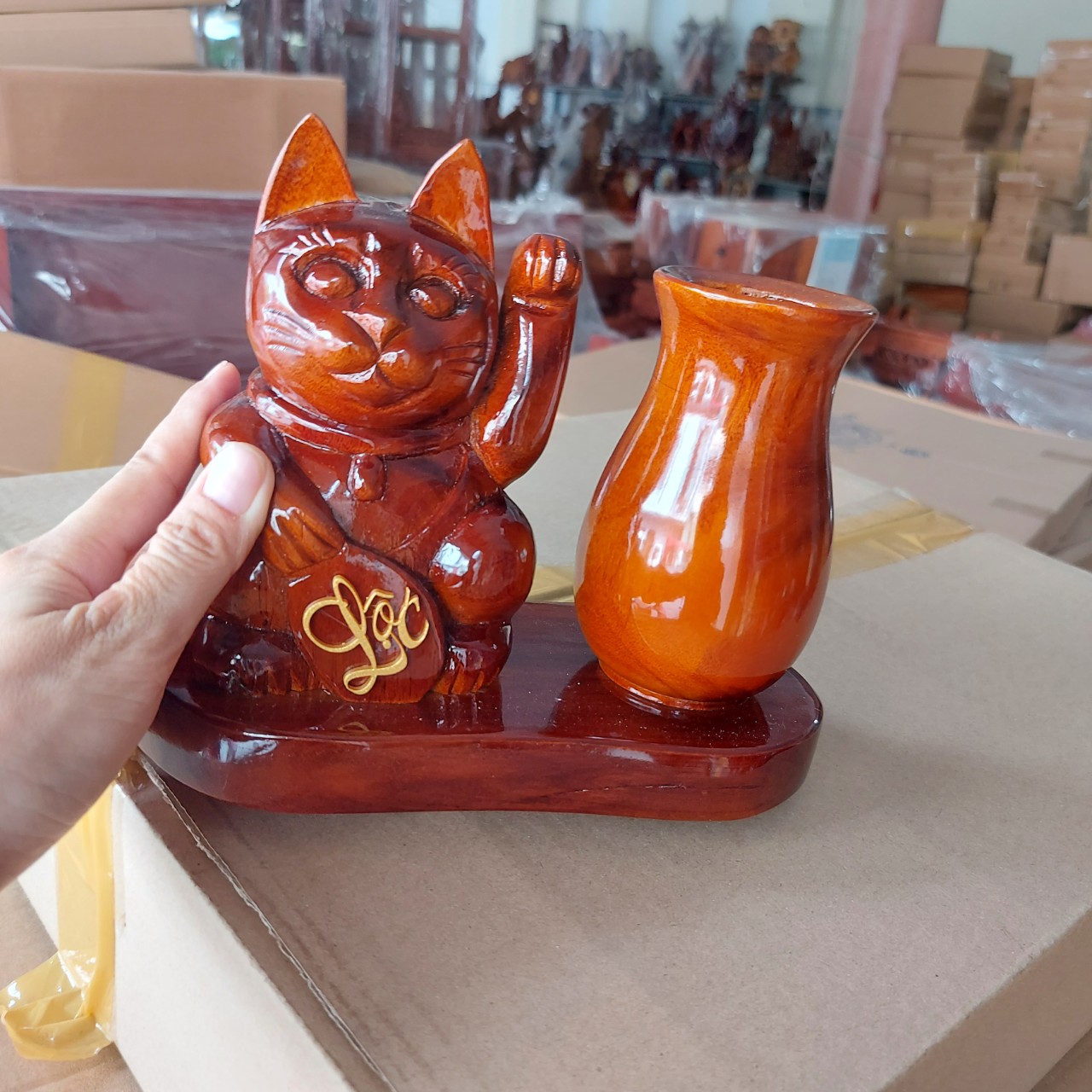 Trang trí bàn làm việc - Khay Cắm bút bằng gỗ _ Bằng Gỗ Tự Nhiên hình mèo tài lộc