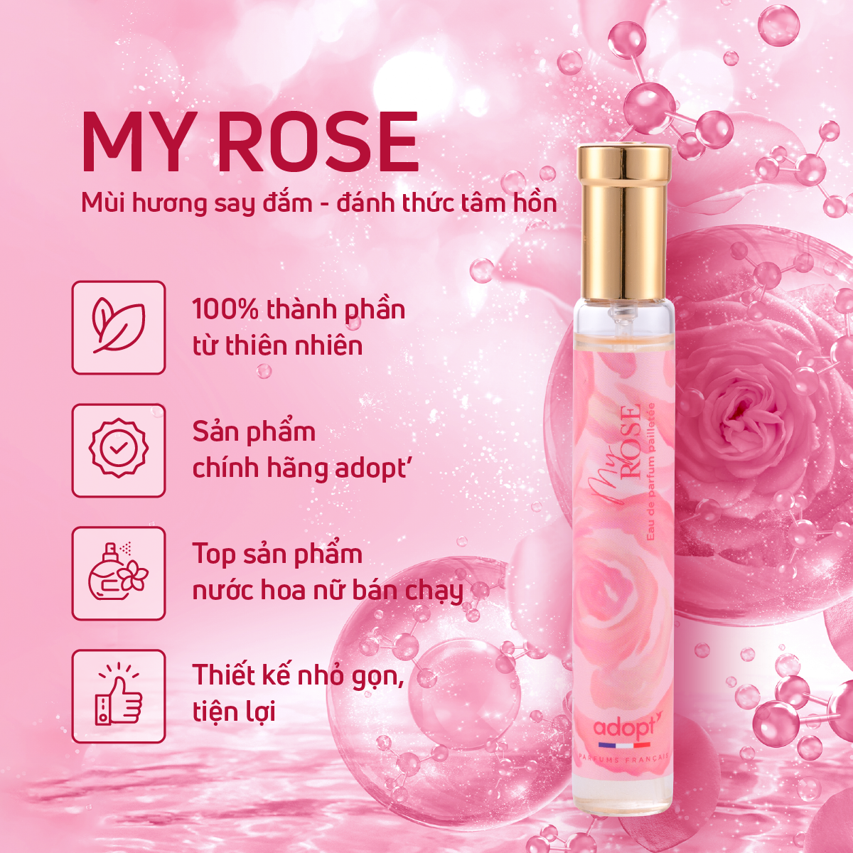 Nước hoa cho nữ,nước hoa thùy tiên cao cấp chính hãng adopt hương hoa hồng cuốn hút My Rose dung tích 30ml