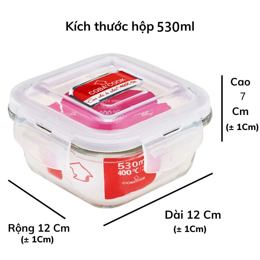 Bộ 2 hộp đựng cơm, trữ thức ăn thủy tinh chịu nhiệt COBA'COOK hình vuông 530ml 1 túi giữ nhiệt hình vuông - CCS52BS
