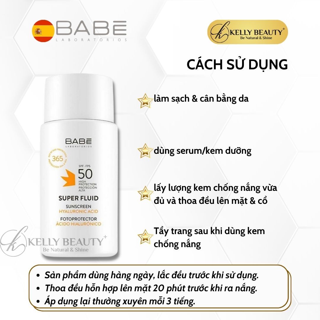 Kem Chống Nắng Dưỡng Ẩm BABE Super Fluid Sunscreen SPF 50 | Kelly Beauty