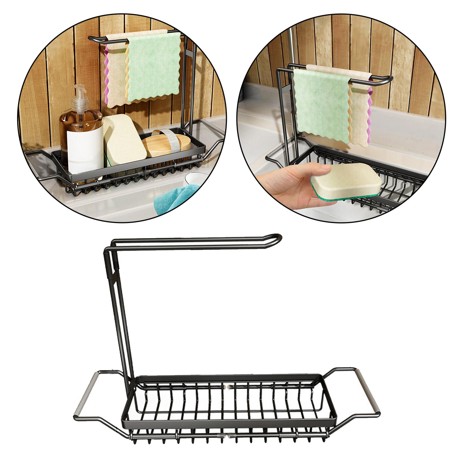 Over the Sink Storage Rack Organzier Adjustable Sponge Holder Drain Basket with Dish Towel Hanger