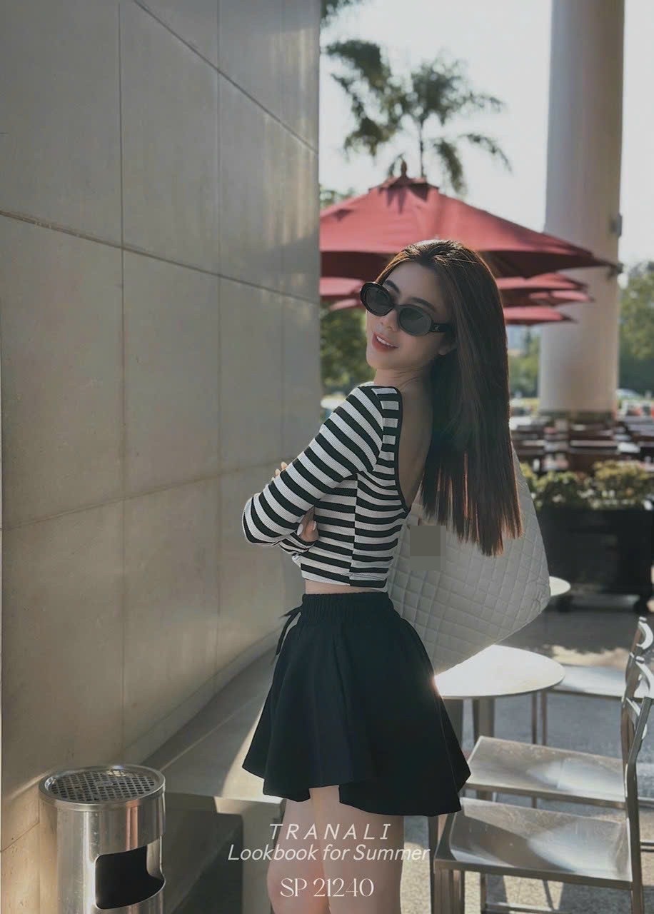 SET ĐI BIỂN ÁO THUN ÔM BODY TAY DÀI SỌC + QUẦN GIẢ VÁY NGẮN SHORTS LƯNG CAO ỐNG RỘNG ĐỒ BƠI 2 MẢNH DẠO PHỐ ĐI CHƠI