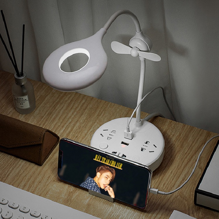 Ổ Cắm Đa Năng Tích Hơp Đèn Học Và Quạt Mini Đế Tròn T20