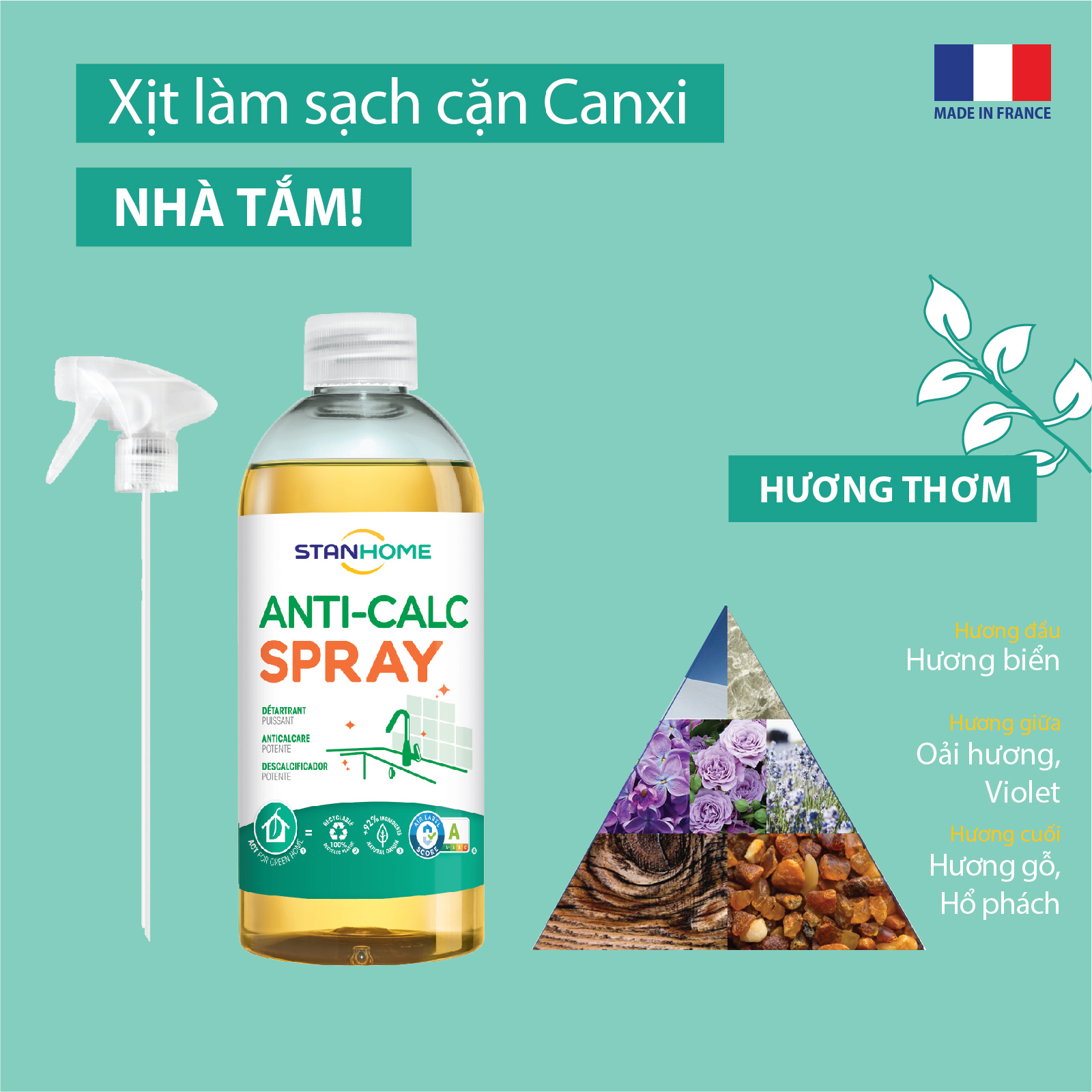 Siêu tẩy cặn canxi nước cứng cho mọi bề mặt và thiết bị trong nhà Anti Calc Stanhome tiêu chuẩn Air Label Ccore 500ml