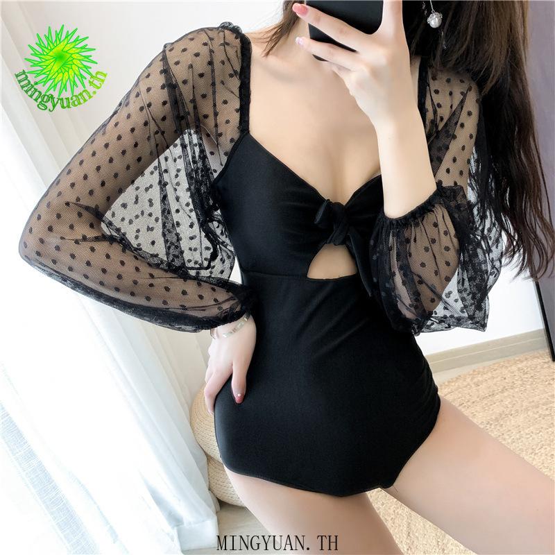 2020 one piece red black long sleeve mesh embroidered sexy backless bikini tie women swimsuit