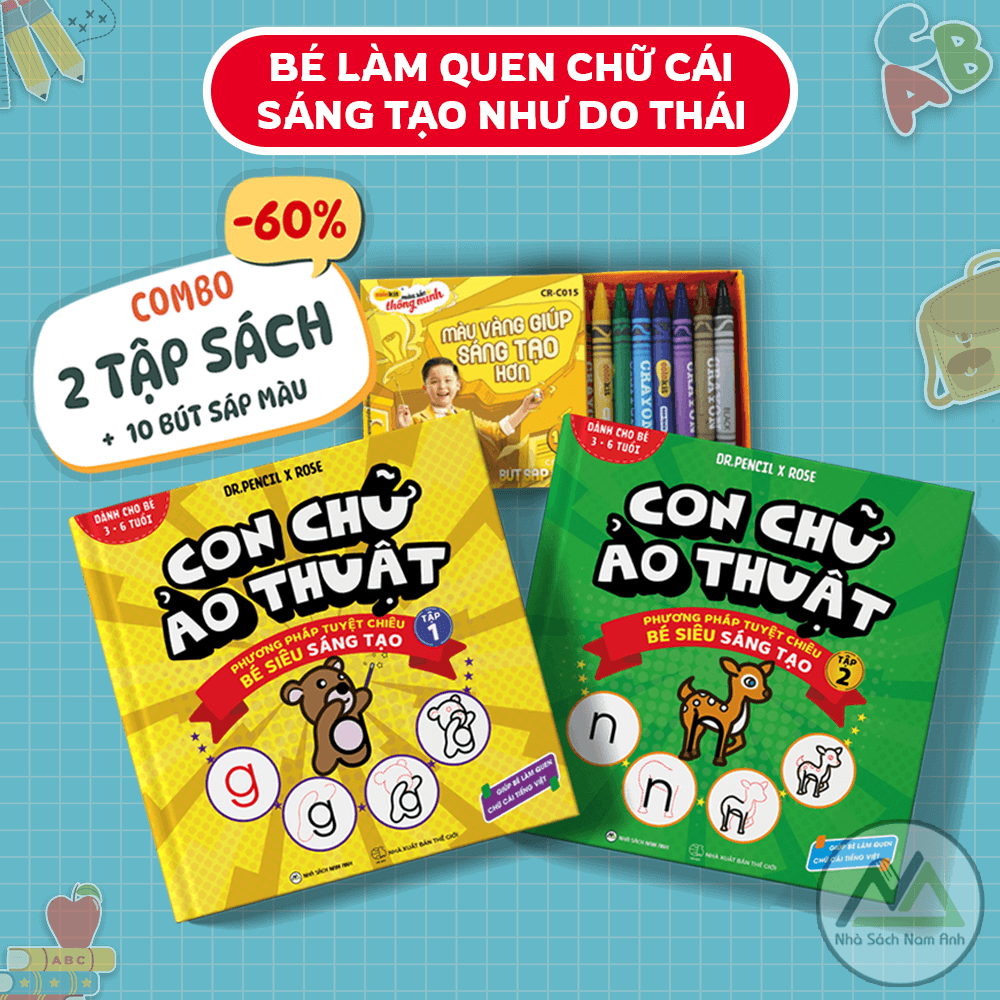 Combo Sách Làm Quen Chữ Cái Tiếng Việt  - Tập 1 + 2 TẶNG BỘ BÚT SÁP MÀU THIÊN LONG - Tác giả Dr. Pencil &amp; Rose