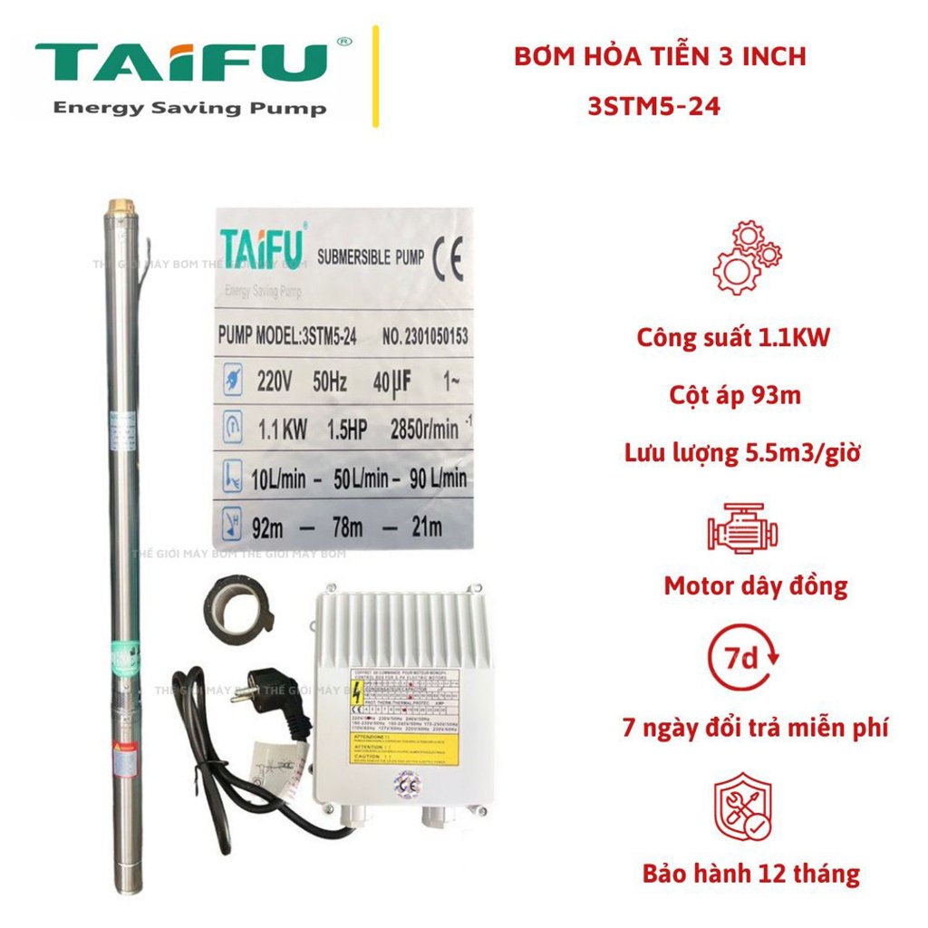 Bơm hỏa tiễn 1.1Kw (1.5HP) (3&quot; Ø76 thả ống 90) thân inox 304 có hộp tụ đi kèm TAIFU 3STM5-24 - Bảo hành 1 năm