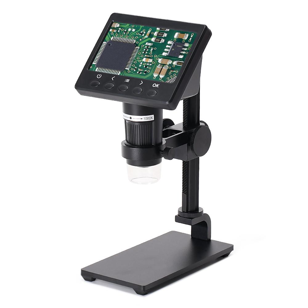 4.3 Inch Display 1000X Digital Microscope Photo Video Taking with 8 Adjustable LED Lights Lifting Aluminum Alloy Stand for Jewelry Identification Mobilephone Repairs