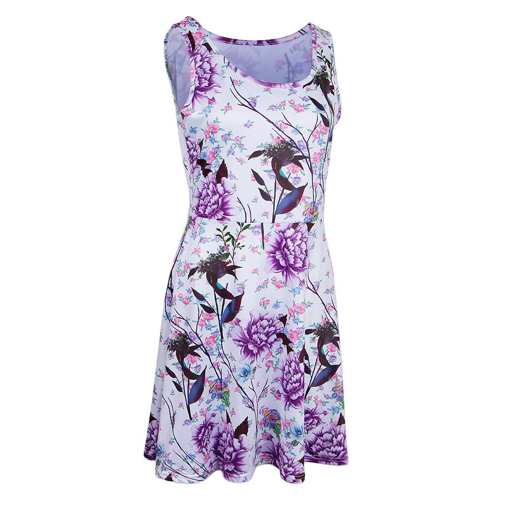Women Floral Dress Summer Sleeveless Round Neck Casual Flared Midi Dress