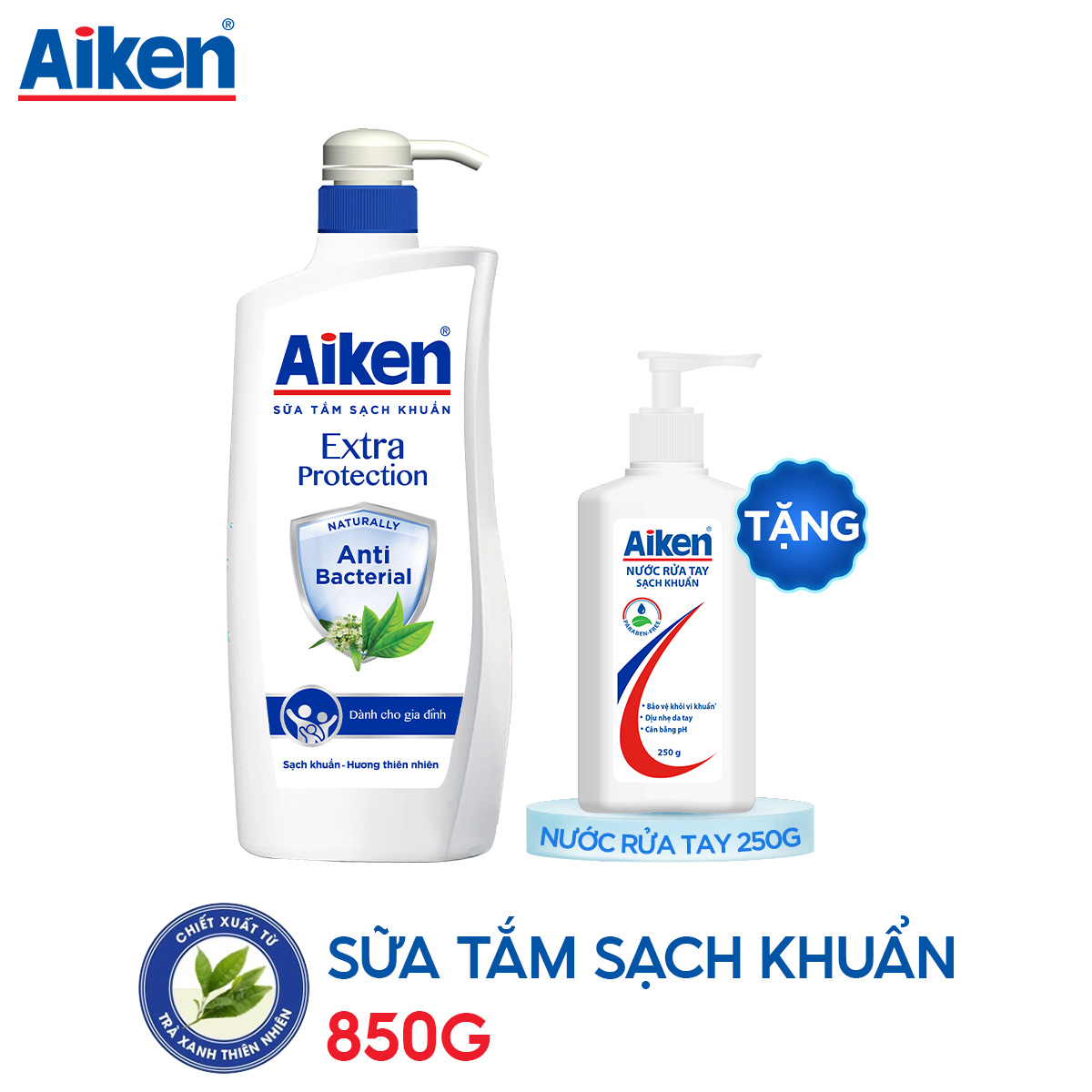 Aiken Sữa Tắm Trà Xanh/Bạc Hà 850g + Nước Rửa Tay 250g