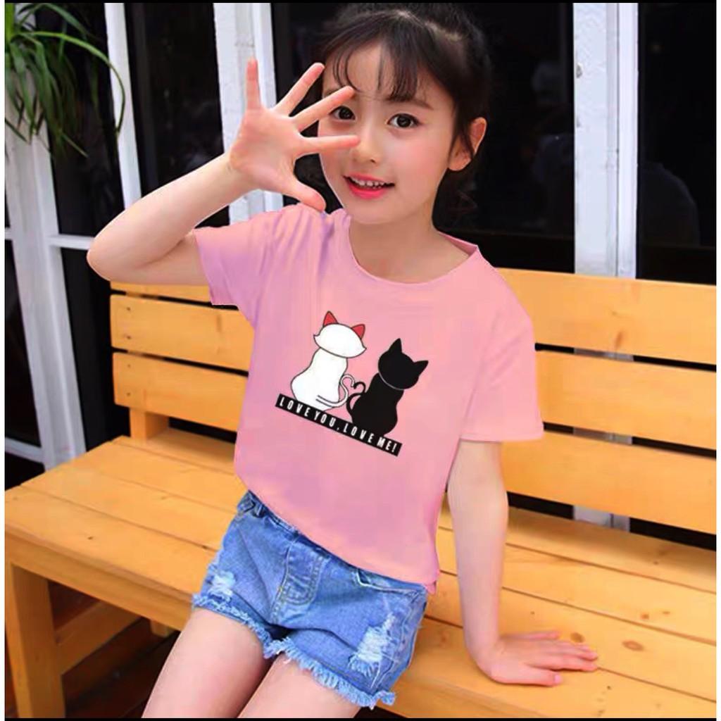 Áo thun bé gái Con Xinh cotton 2 CON MÈO LOVEU.LOVEME, áo thun trẻ em từ 5 đến 14 tuổi