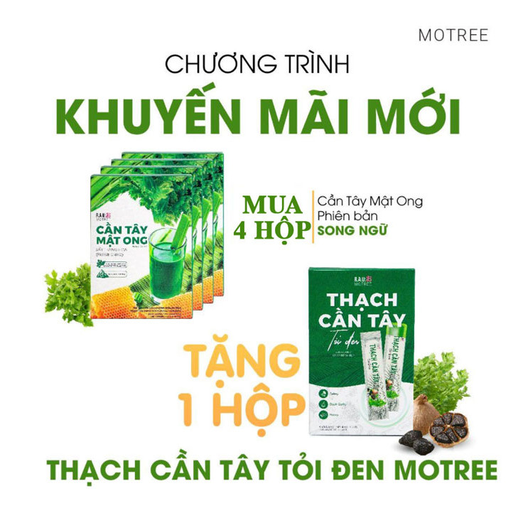 Combo 4 Hộp Bột Cần Tây Mật Ong MOTREE Sấy Thăng Hoa Phiên Bản Song Ngữ [Mẫu Mới] - Tặng Kèm 1 Thạch Cần Tây Tỏi Đen