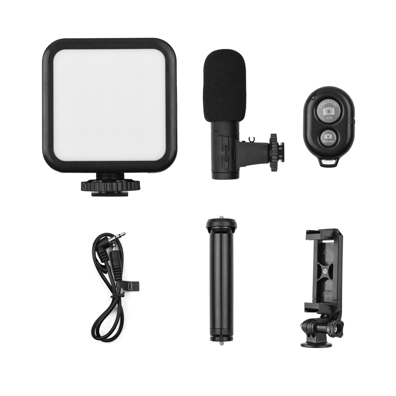Vlog Shooting Kit Mini LED Video Light + Super Cardioid Condenser Microphone + Phone Clip + Tripod + Remote Shutter