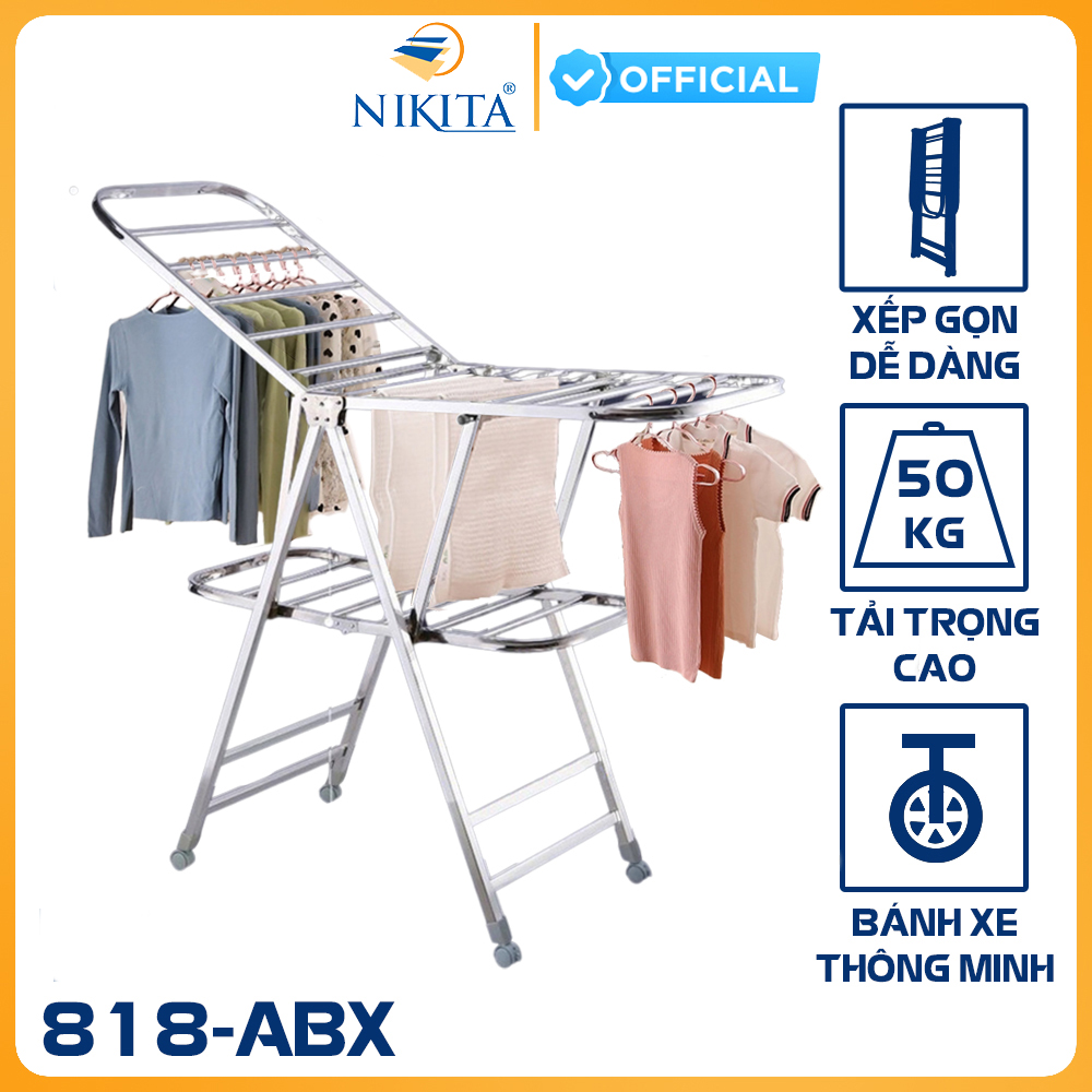 Giàn phơi, kệ phơi đồ Inox xếp gọn có bánh xe - Chính hãng NIKITA 818ABX