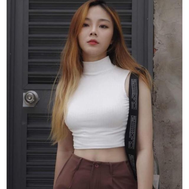 Áo kiểu croptop sát nách cổ cao 2 phân