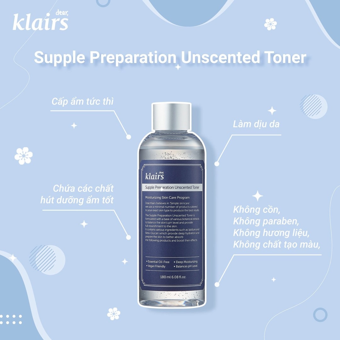 Nước hoa hồng chống viêm không mùi Klairs Supple Preparation Unscented Toner 180ml